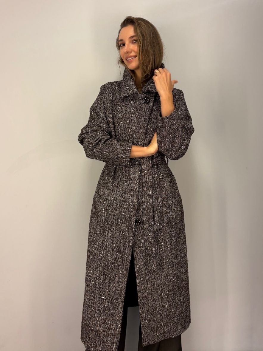 Wełniany oversize płaszcz kind of magic w jodełkę BUCLE brązowy