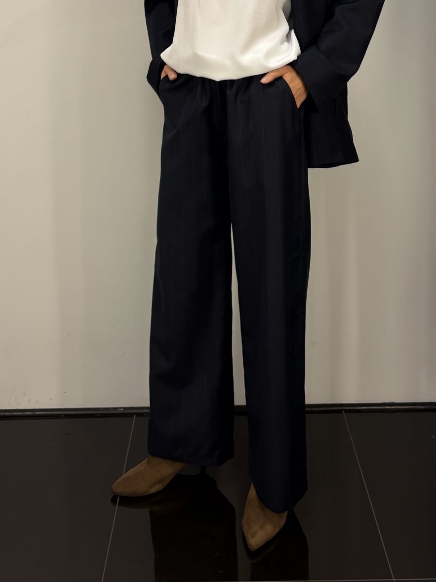 Wełniane spodnie KULOTY SZEROKIE granatowe w błękitne paski 100% wełna dziewicza virgin wool 