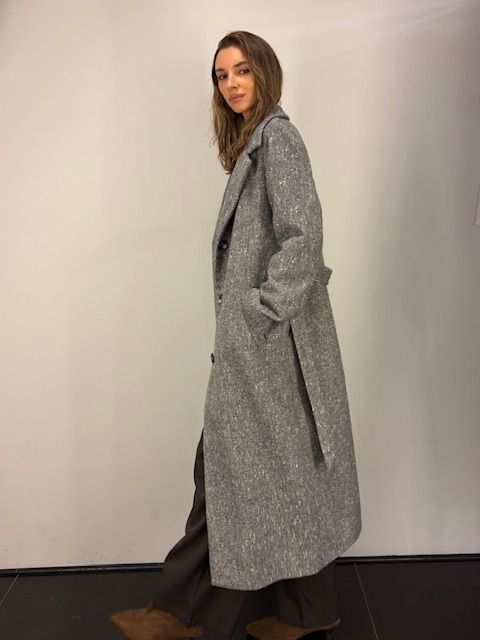 Płaszcz wełniany szara jodełka BUCLE - długi z paskiem