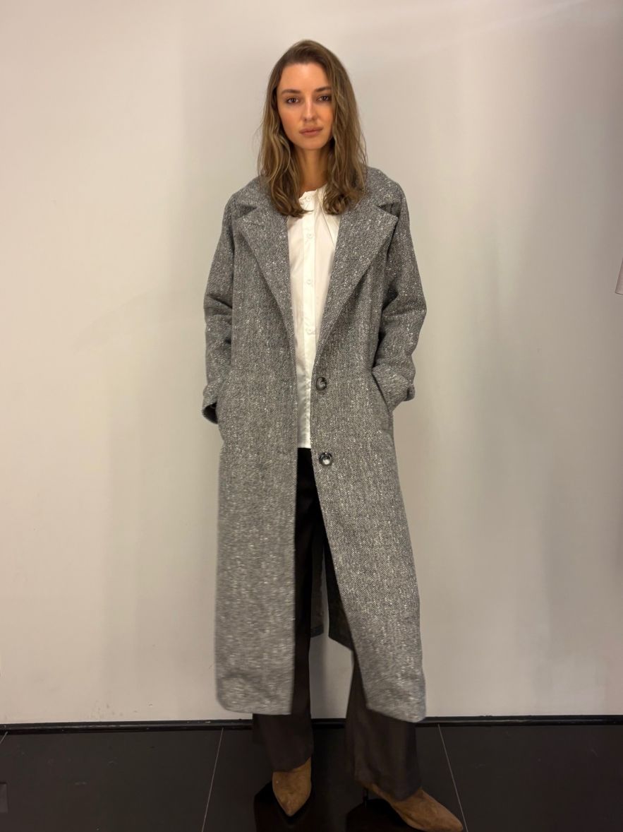 Płaszcz wełniany szara jodełka BUCLE - długi z paskiem