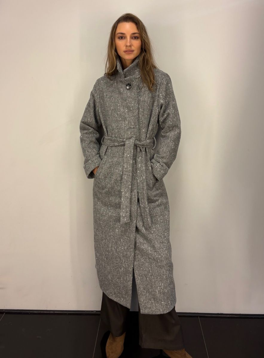 Płaszcz wełniany szara jodełka BUCLE - długi z paskiem