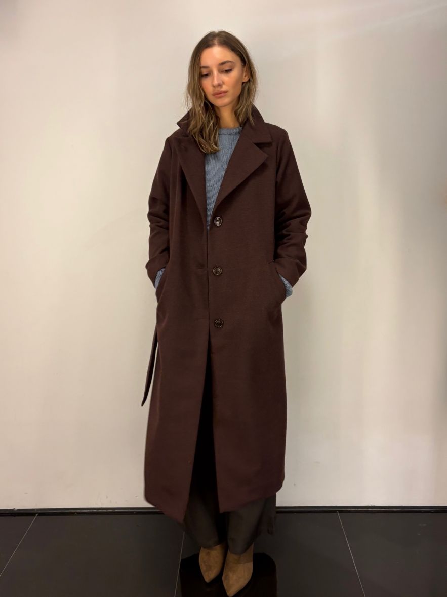 Płaszcz wełniany czekolada burgund wąski wyszczuplający DREAM 
