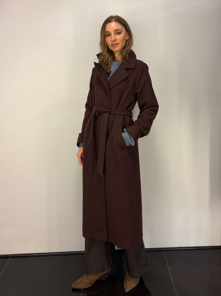Płaszcz wełniany czekolada burgund wąski wyszczuplający DREAM 