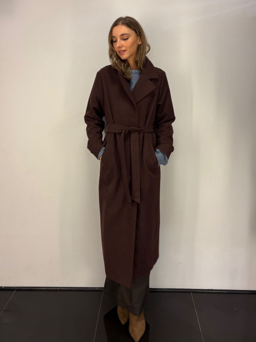 Płaszcz wełniany czekolada burgund wąski wyszczuplający DREAM 