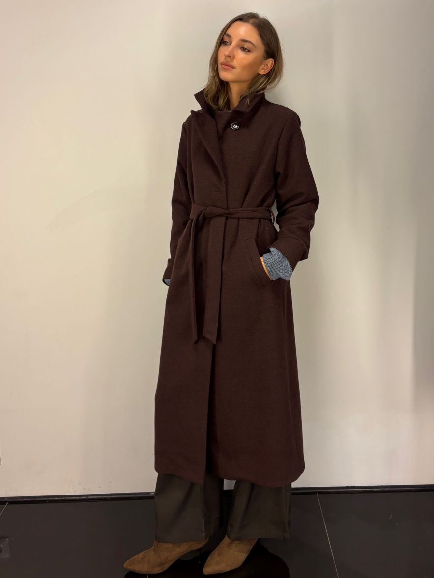 Płaszcz wełniany czekolada burgund wąski wyszczuplający DREAM 