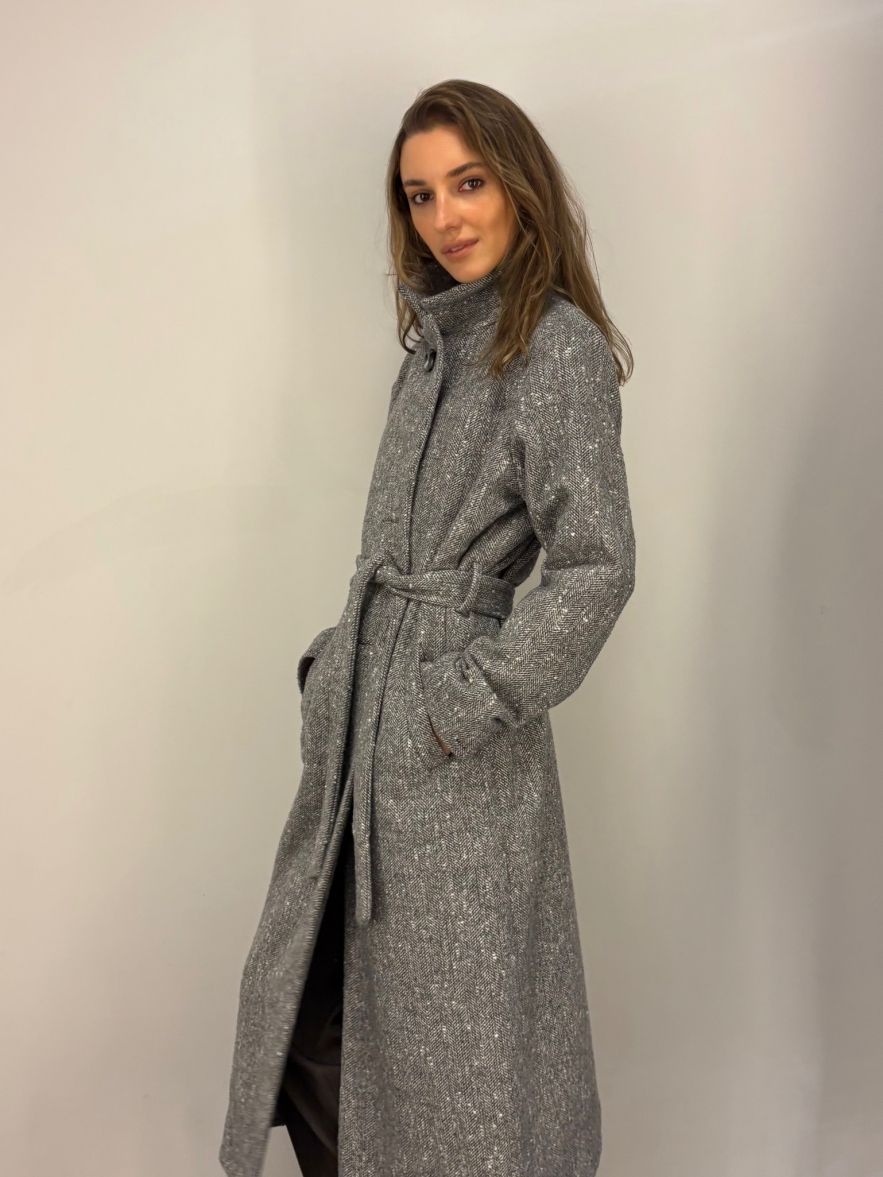 Płaszcz wełniany szara jodełka BUCLE - długi z paskiem