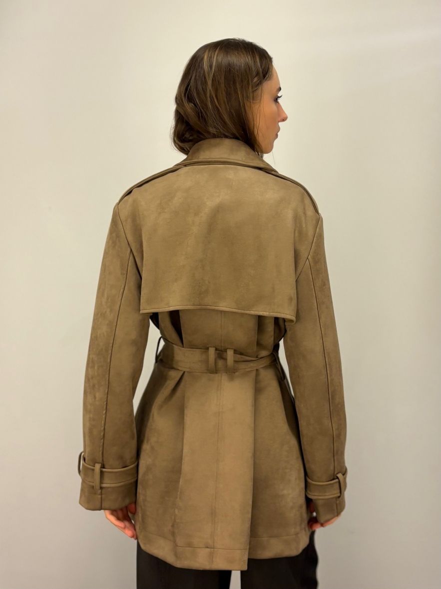 Zamszowy krótki płaszczyk kurtka szaro-khaki z paskiem WIOSNA 2026