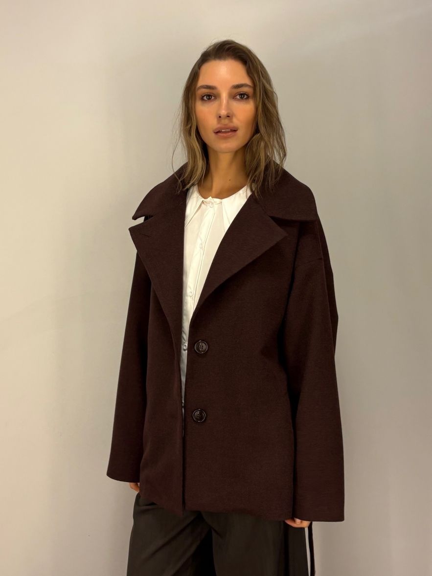 Wełniana czekoladowa kurtka krótki Płaszczyk w ciemnym burgundowym brązie 100% wełny z paskiem 