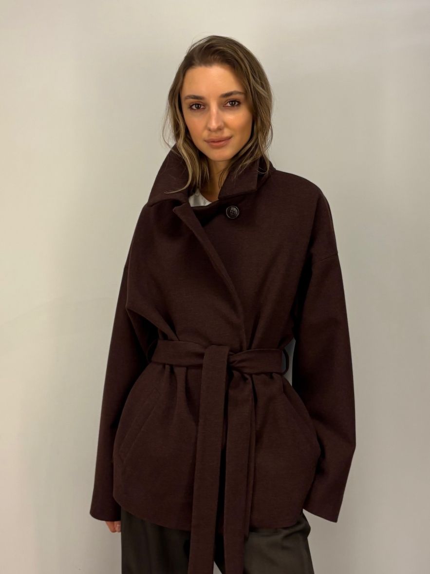 Wełniana czekoladowa kurtka krótki Płaszczyk w ciemnym burgundowym brązie 100% wełny z paskiem 