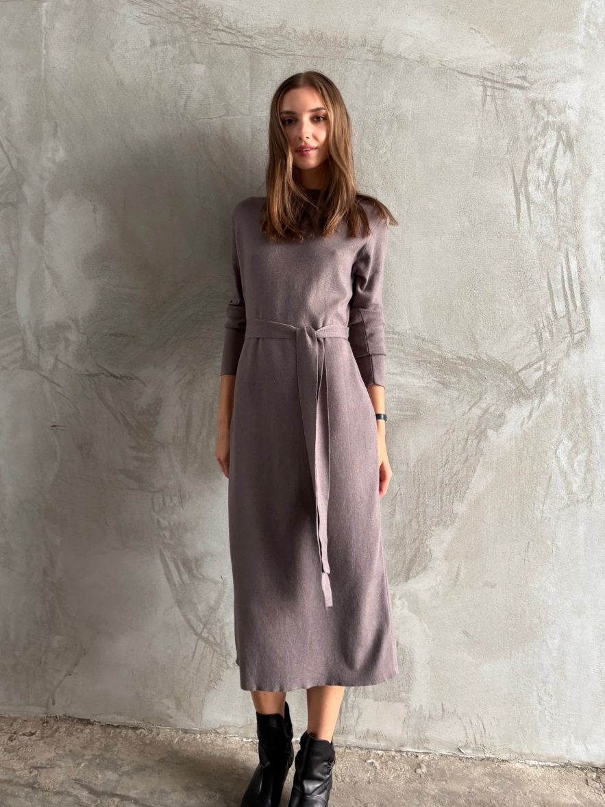 Wiskozowa długa swetrowa ciepła sukienka szaro-lawendowa