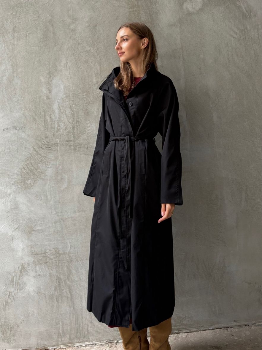 Czarny płaszcz oversize trench ze stójką bawełniany na guziki 