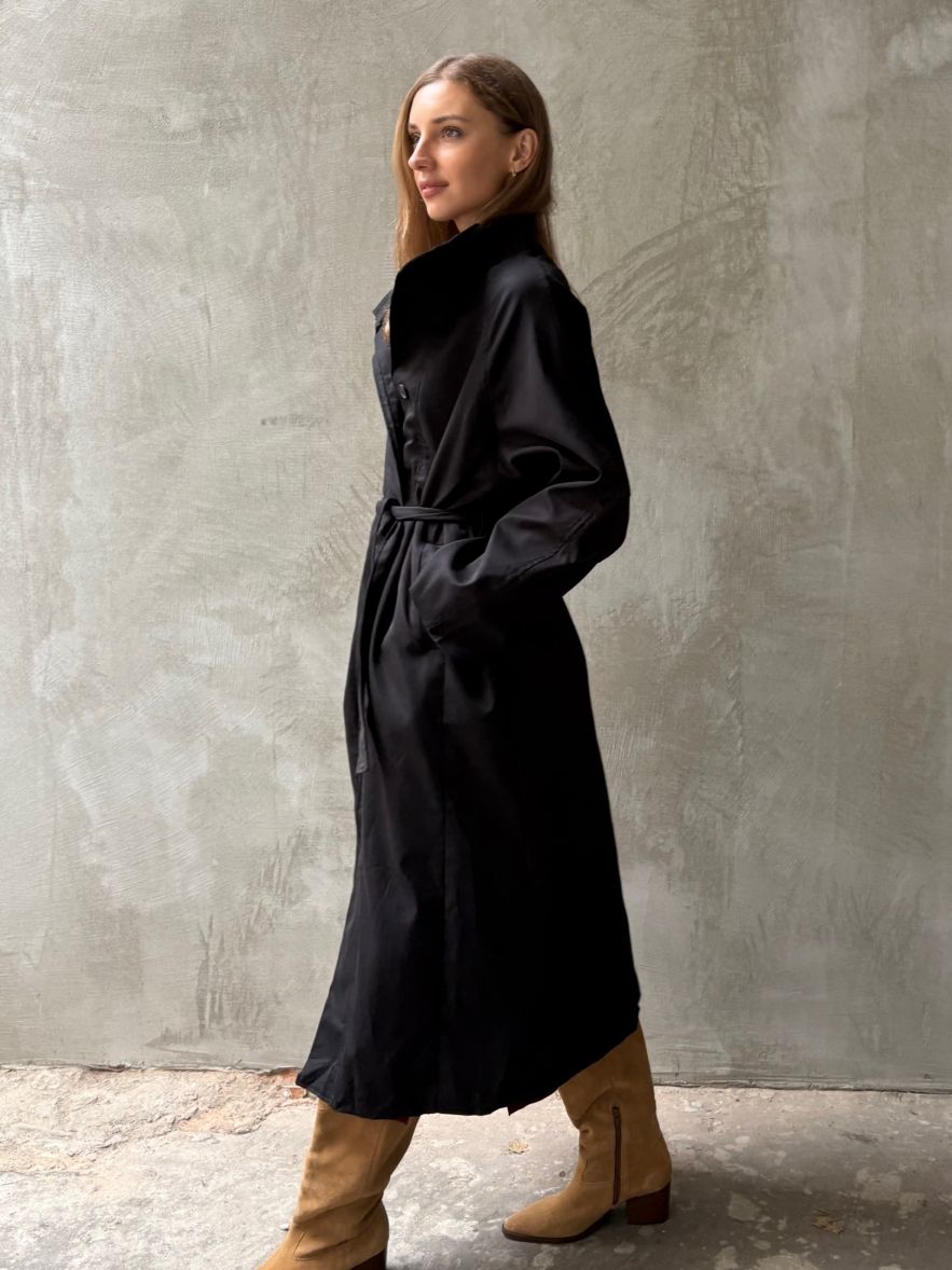 Czarny płaszcz oversize trench ze stójką bawełniany na guziki 