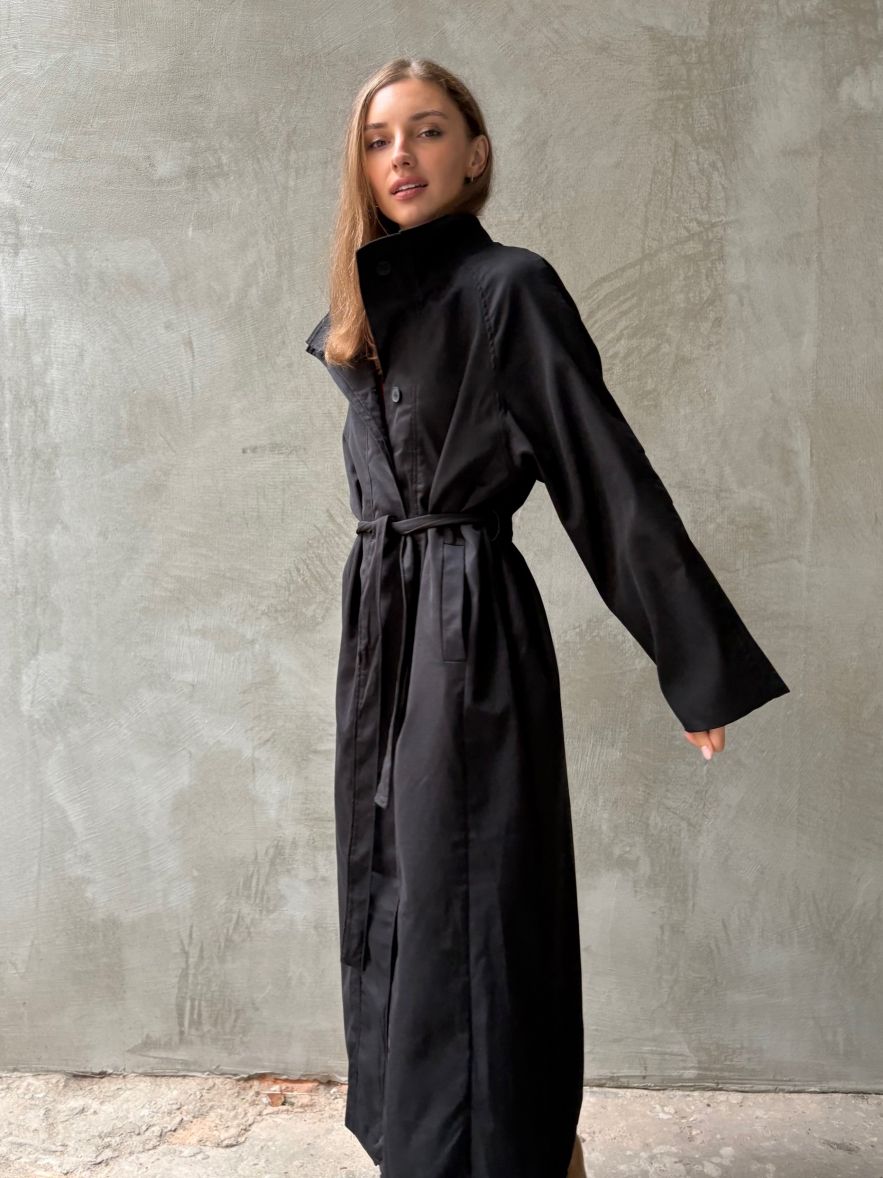 Czarny płaszcz oversize trench ze stójką bawełniany na guziki 