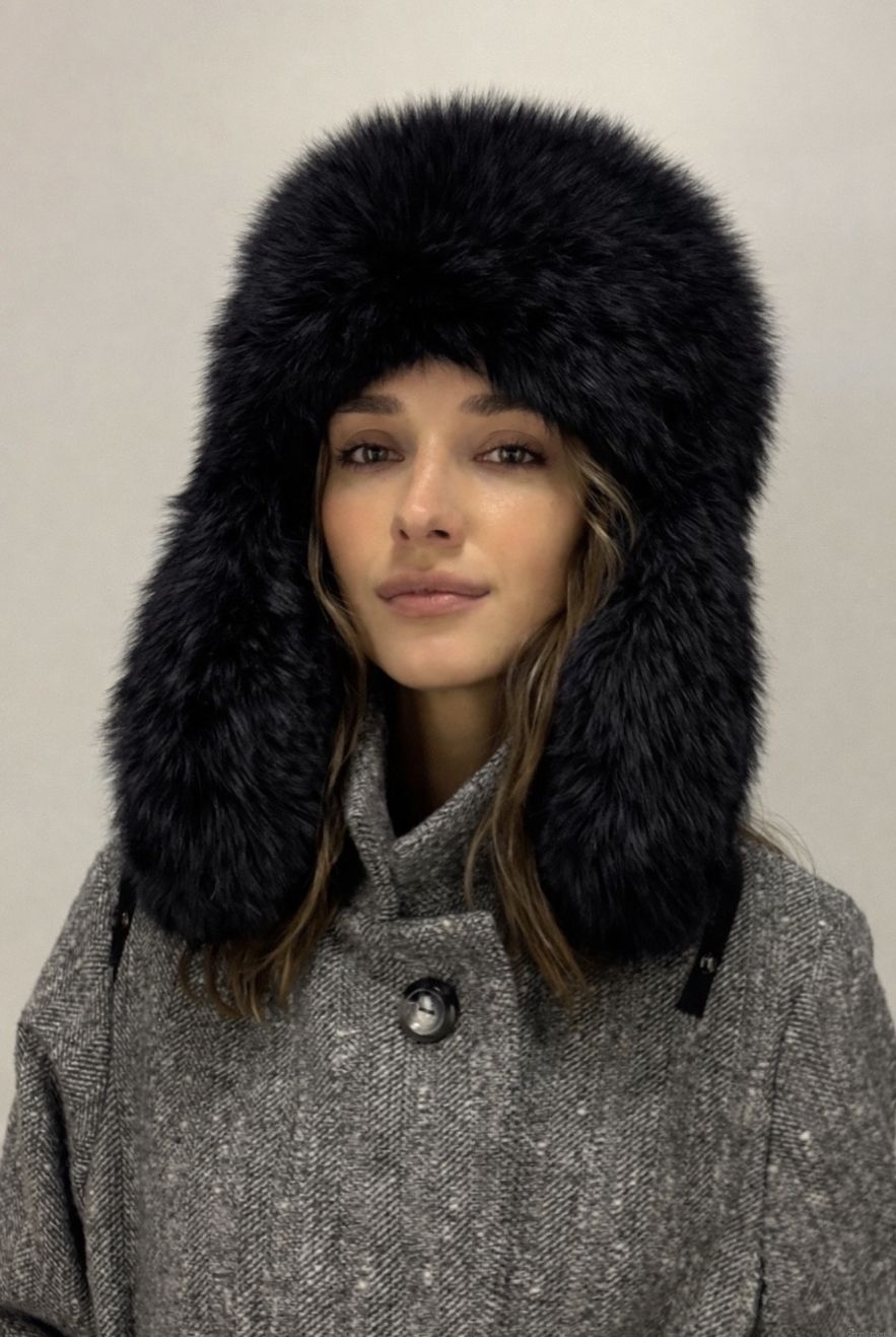 Duża czapka imitująca futro czarna, miękka z uszami i zapięciem pod szyją 