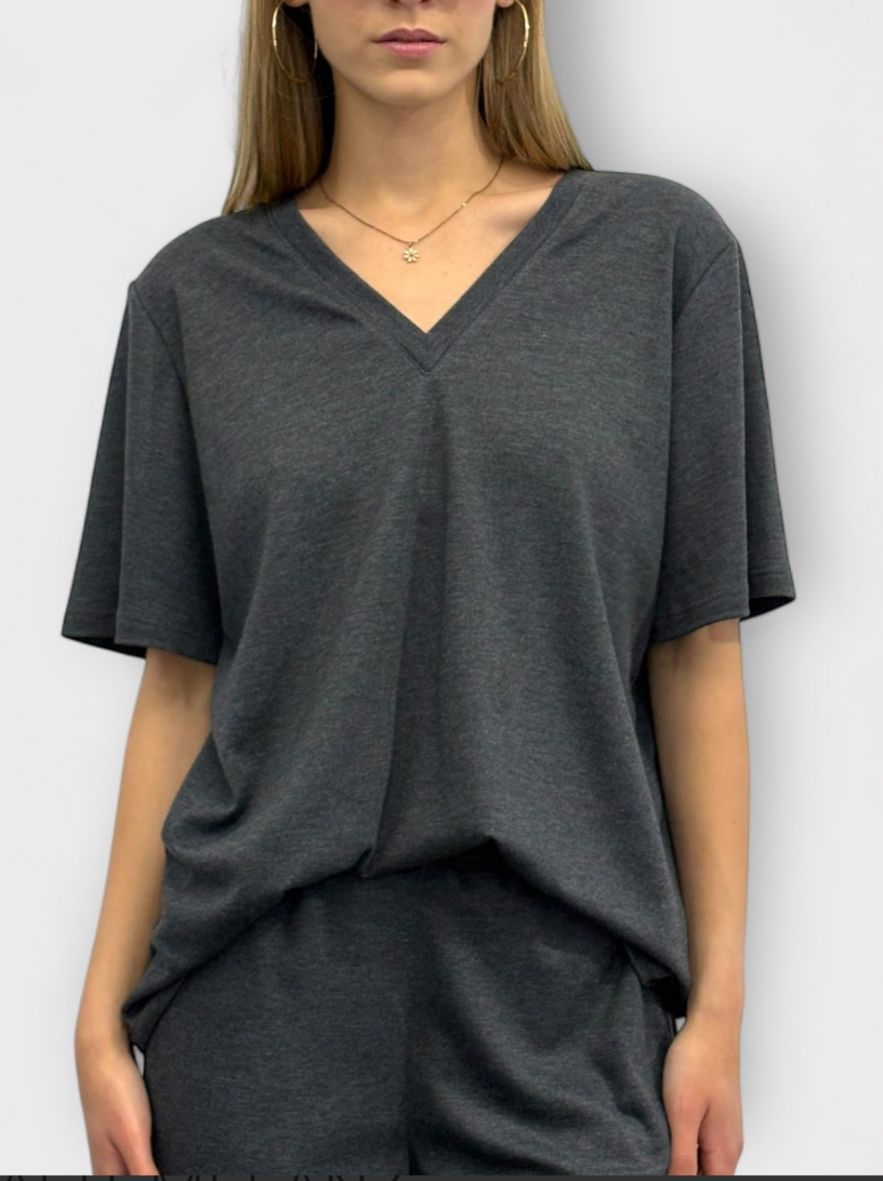2 Bluzki w 1 - z dekoltem V lub okrągłym - zmienna - dwustronny uniwersalny t-shirt bawełniany z dekoltem V lub dekoltem okrągłym szary grafit melanż