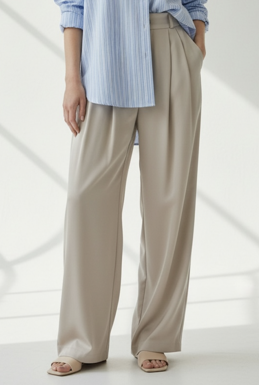 Szerokie spodnie palazzo zimny beż miękkiei z suwakiem