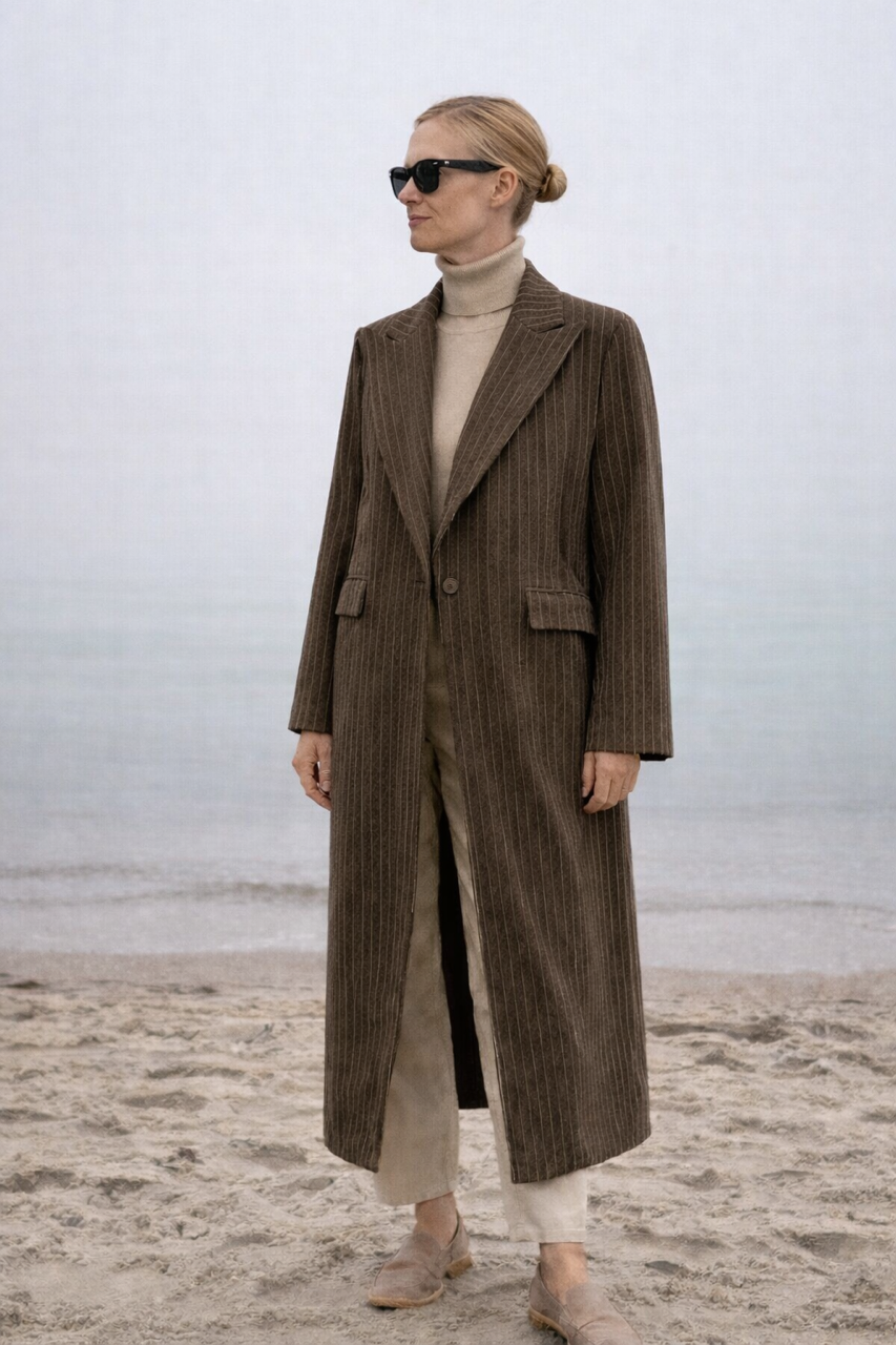 brązowy w paski wiosenny wełniany długi płaszcz maxi w paski z jednym guzikiem