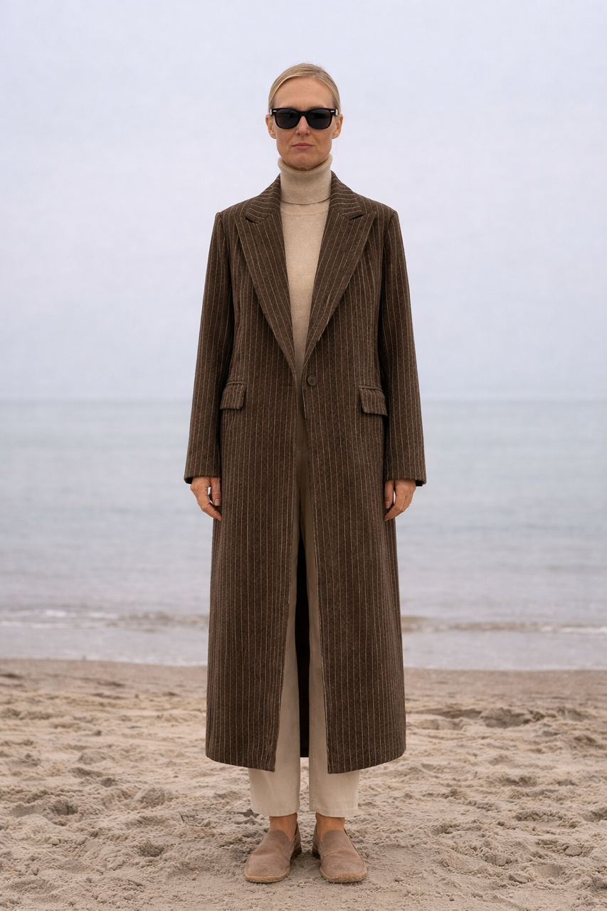 brązowy w paski wiosenny wełniany długi płaszcz maxi w paski z jednym guzikiem
