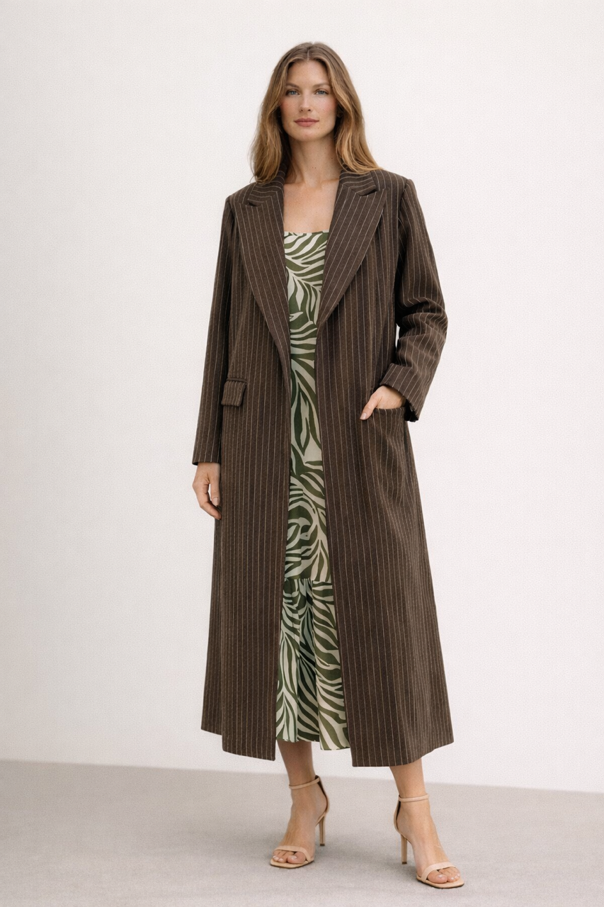 brązowy w paski wiosenny wełniany długi płaszcz maxi w paski z jednym guzikiem