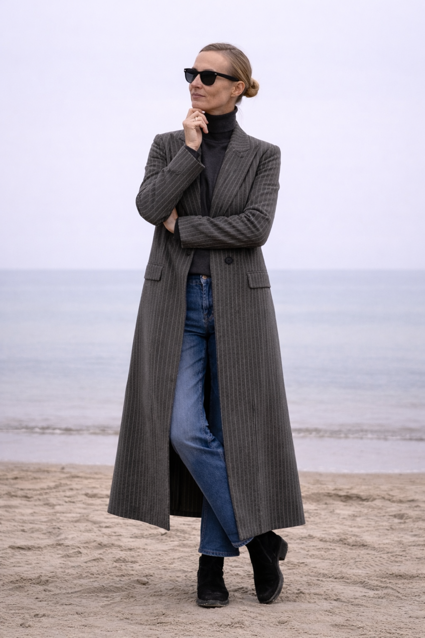 szary w paski wiosenny wełniany długi płaszcz maxi z jednym guzikiem