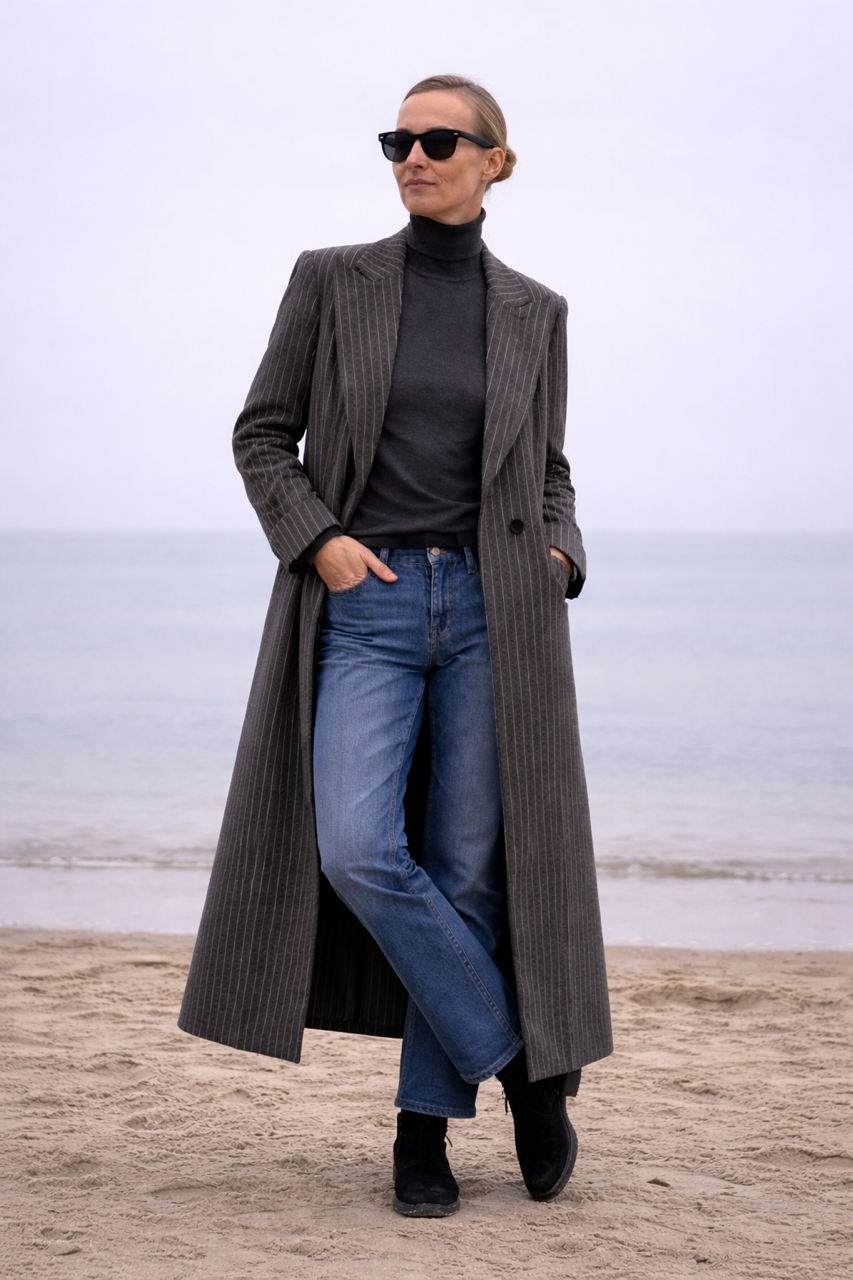 szary w paski wiosenny wełniany długi płaszcz maxi z jednym guzikiem