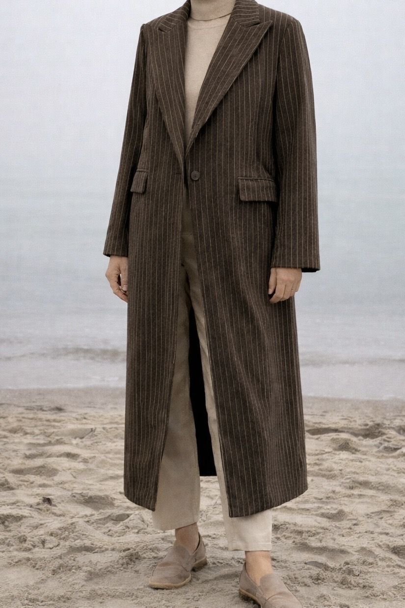brązowy w paski wiosenny wełniany długi płaszcz maxi w paski z jednym guzikiem