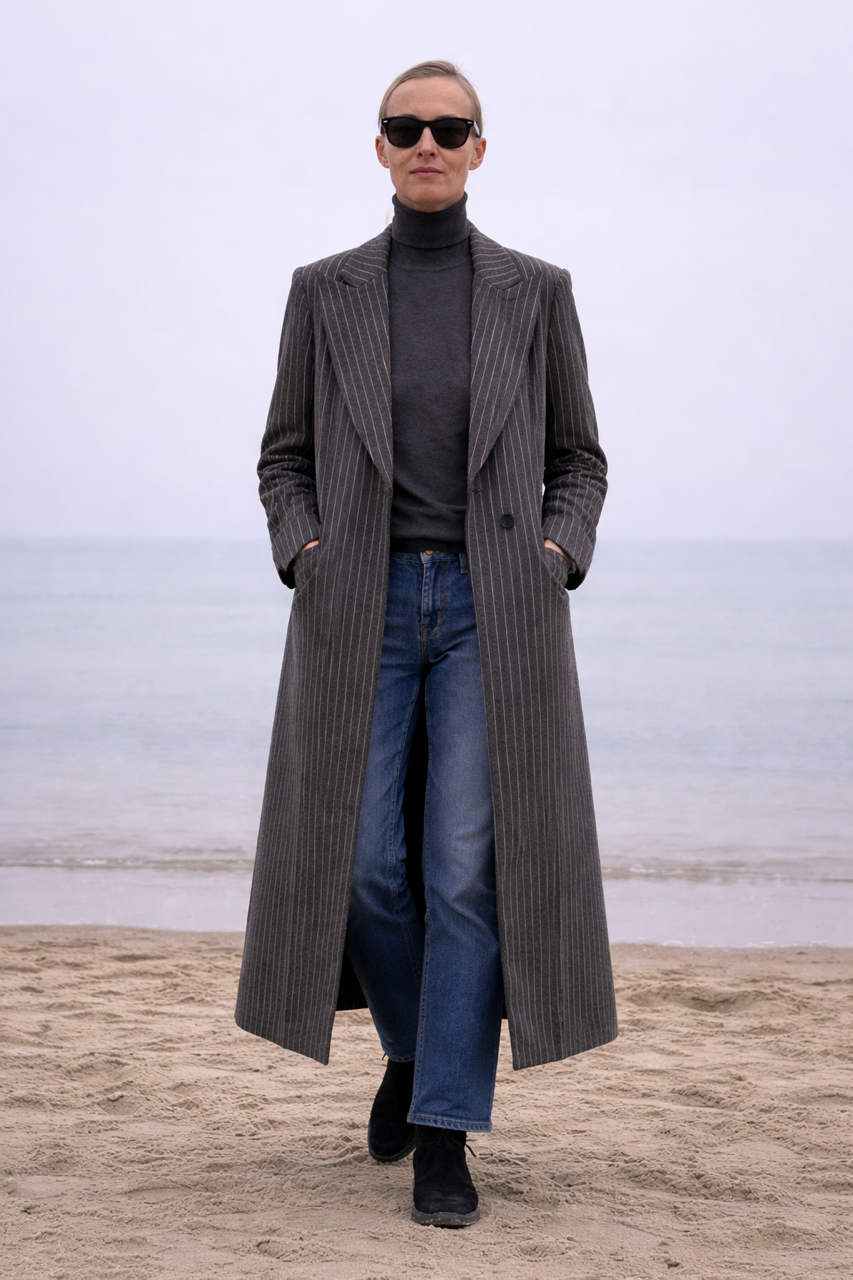 szary w paski wiosenny wełniany długi płaszcz maxi z jednym guzikiem