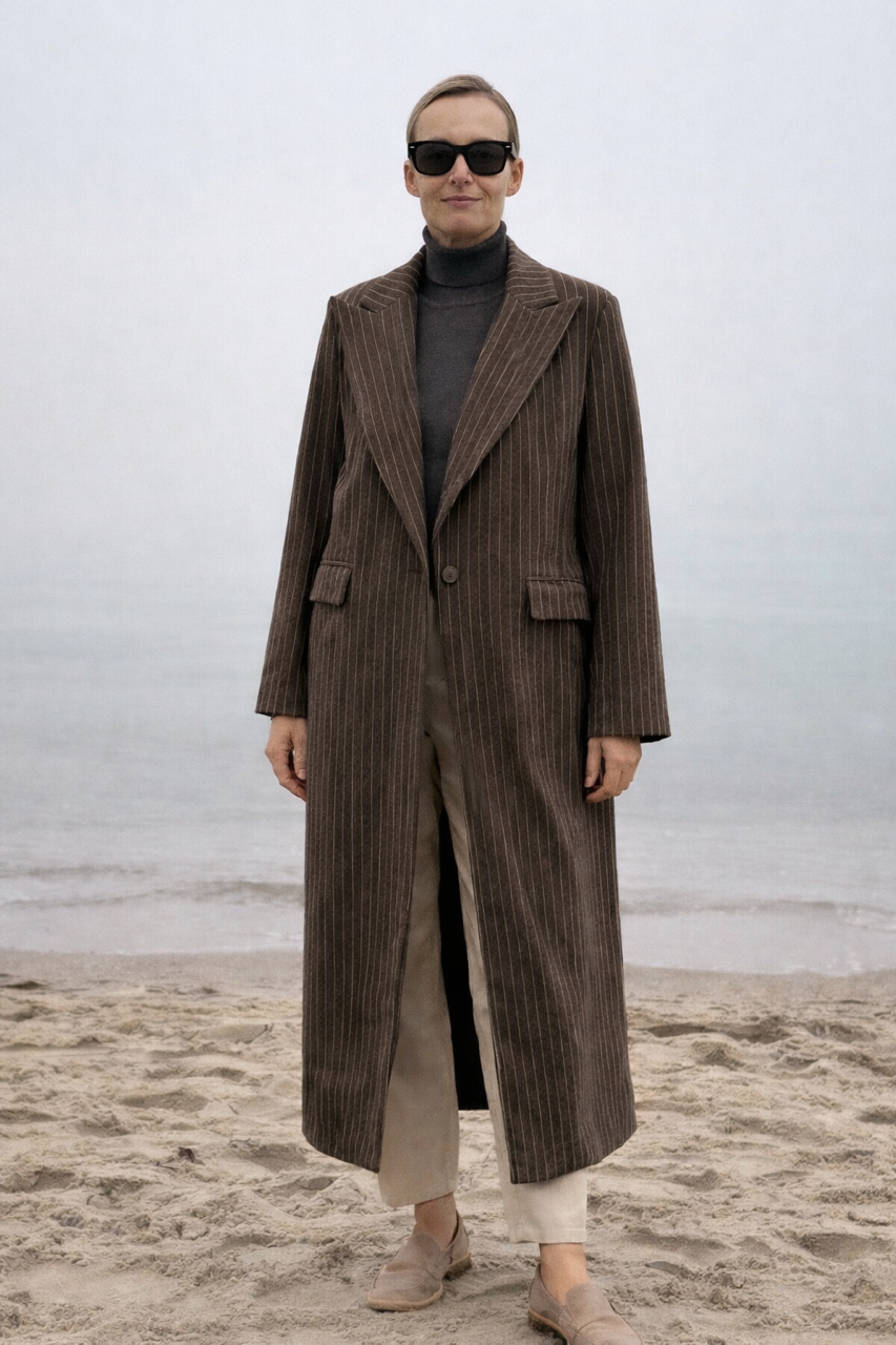 brązowy w paski wiosenny wełniany długi płaszcz maxi w paski z jednym guzikiem