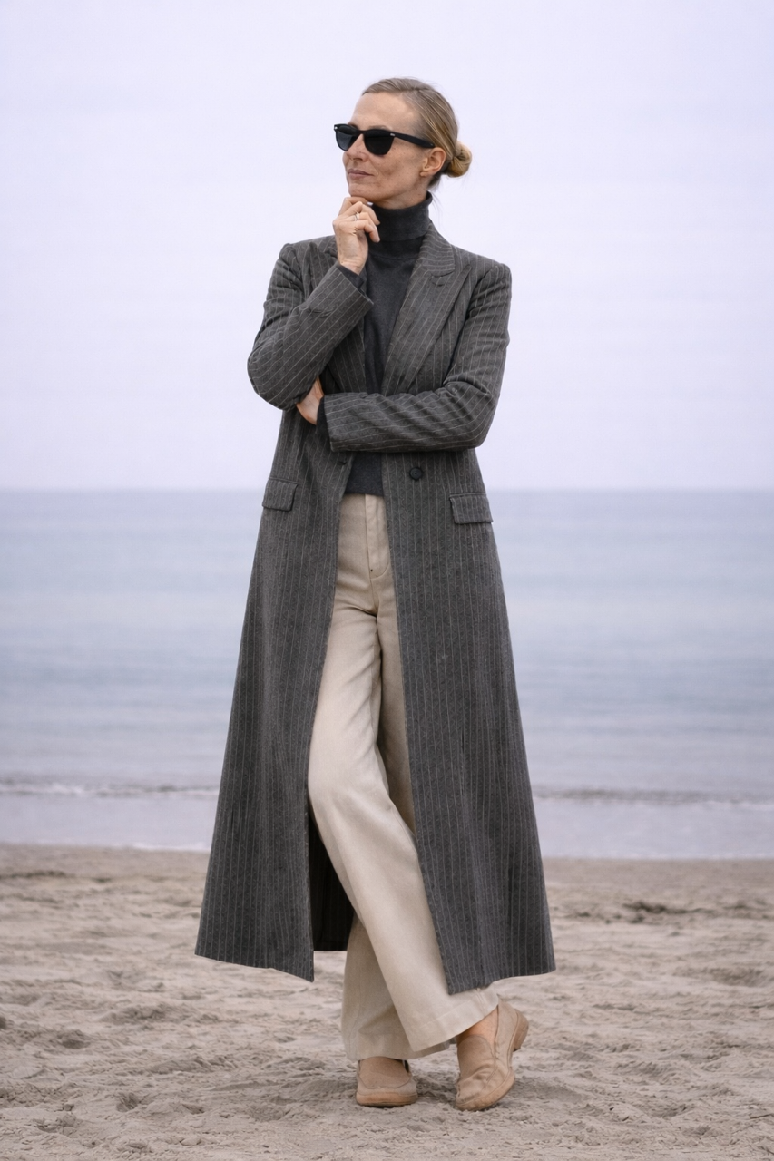 szary w paski wiosenny wełniany długi płaszcz maxi z jednym guzikiem