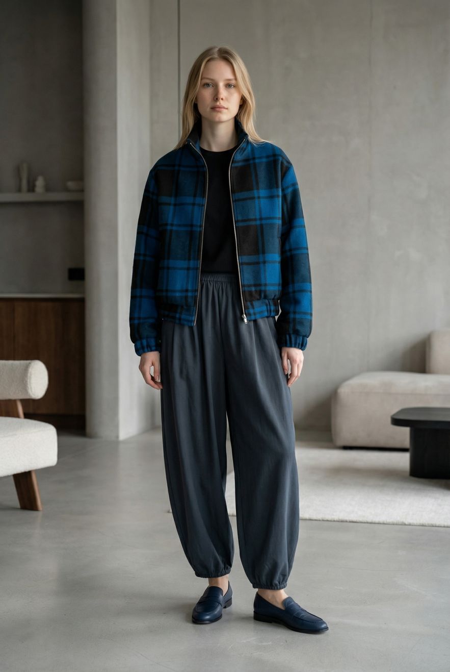 Niebieska wełniana kurtka w kratę niebiesko czarną bomberka uniseks z wiskozową podszewką z metalowym suwakiem The Night Black Wełna 100% (Kopia) (Kopia)