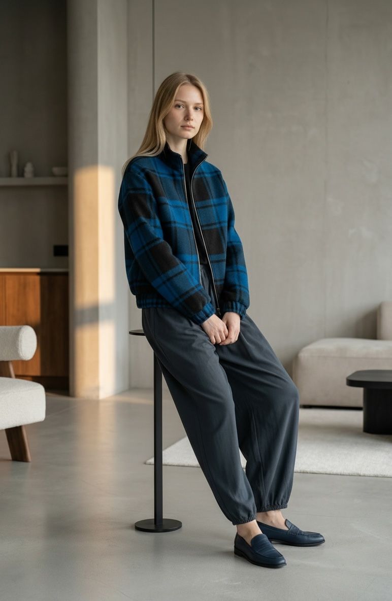 Niebieska wełniana kurtka w kratę niebiesko czarną bomberka uniseks z wiskozową podszewką z metalowym suwakiem The Night Black Wełna 100% (Kopia) (Kopia)