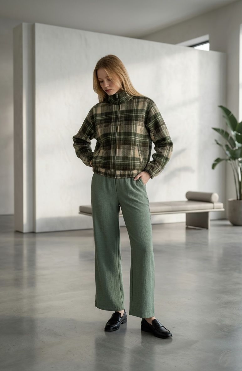 Zielona wełniana kurtka w kratę zielono beżowo czarną bomberka uniseks z wiskozową podszewką z metalowym suwakiem The Night Black Wełna 100% (Kopia)