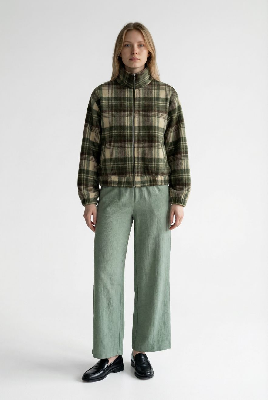 Zielona wełniana kurtka w kratę zielono beżowo czarną bomberka uniseks z wiskozową podszewką z metalowym suwakiem The Night Black Wełna 100% (Kopia)