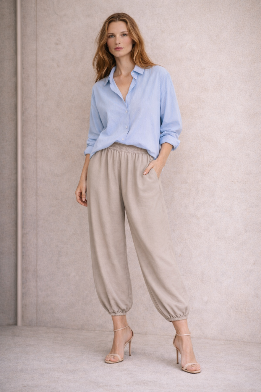 Beżowe spodnie palazzo tencel długość 7/8 