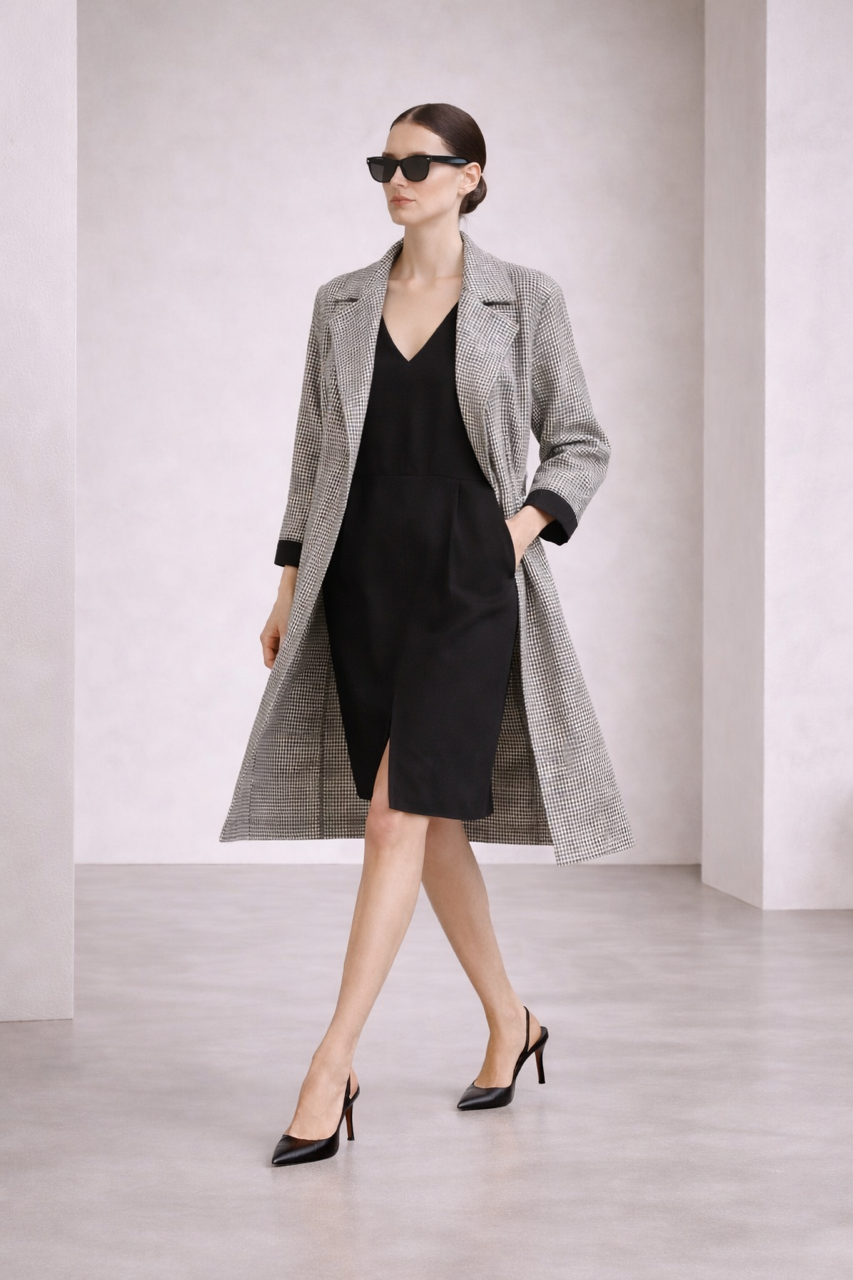 Lekki wiosenno jesienny płaszcz wełniany DREAM midi do kolan biało czarna pepitka 