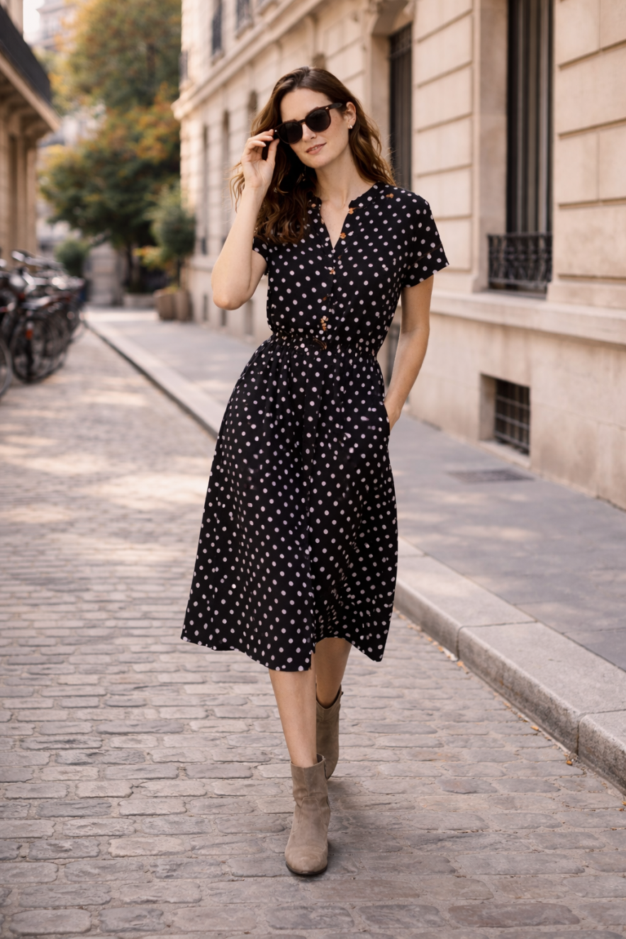 Wiskozowa sukienka czarna w białe groszki rozszerzana luźna z delikatnym wiązaniem pod biustem przy talii