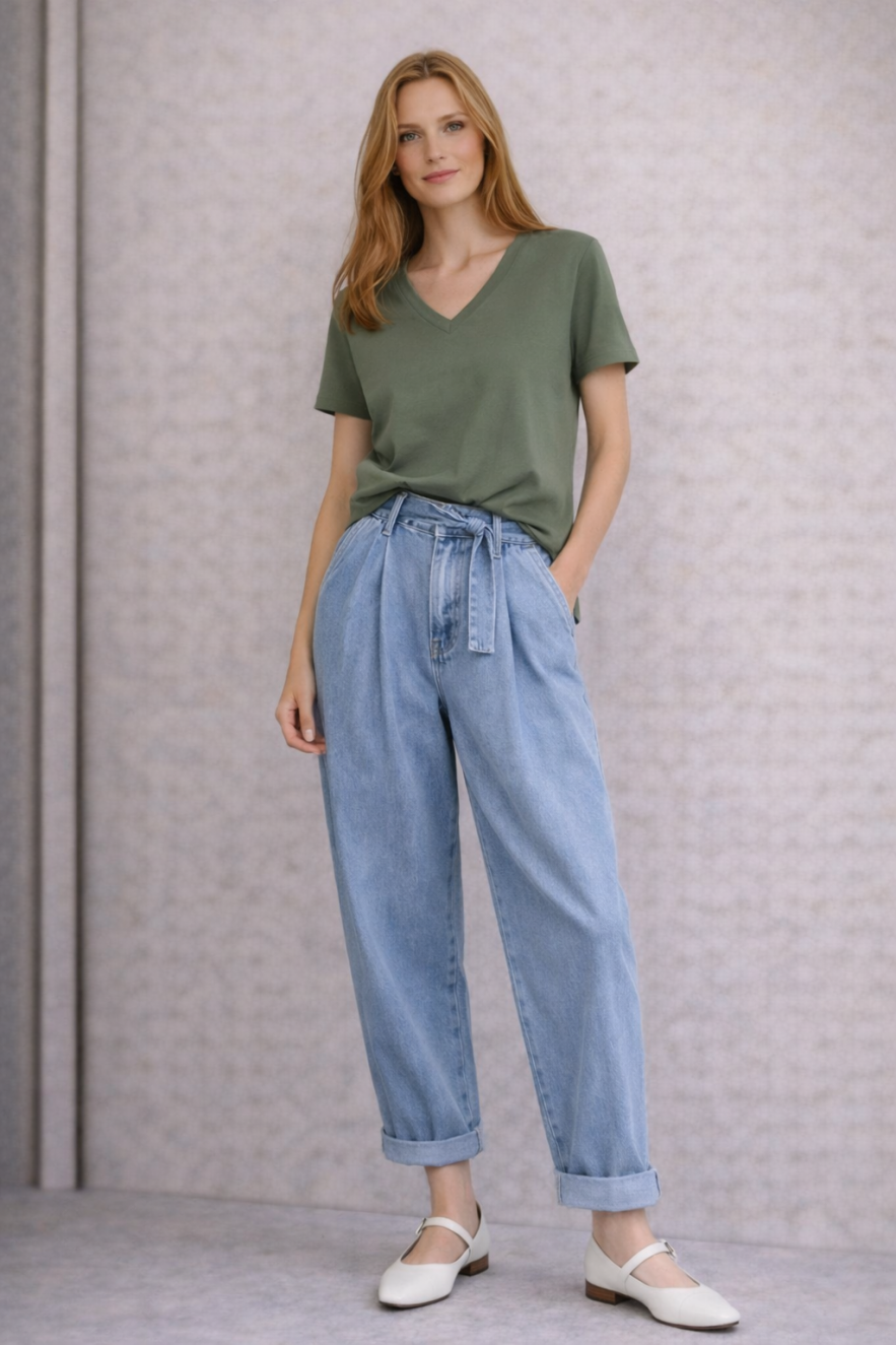 Bluzka w stylu TSHIRTu w serek z TENCELU oversize khaki 