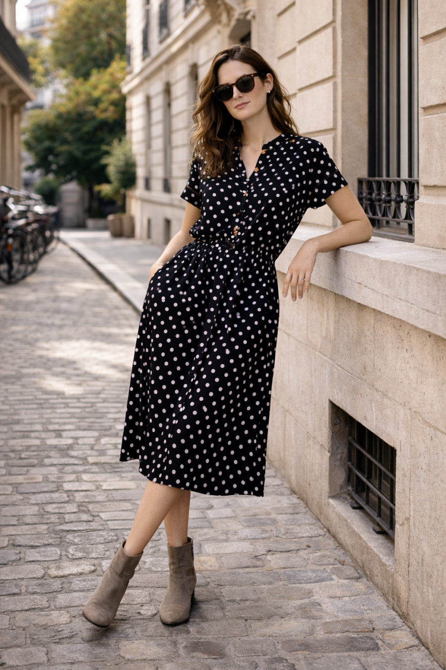 Wiskozowa sukienka czarna w białe groszki rozszerzana luźna z delikatnym wiązaniem pod biustem przy talii