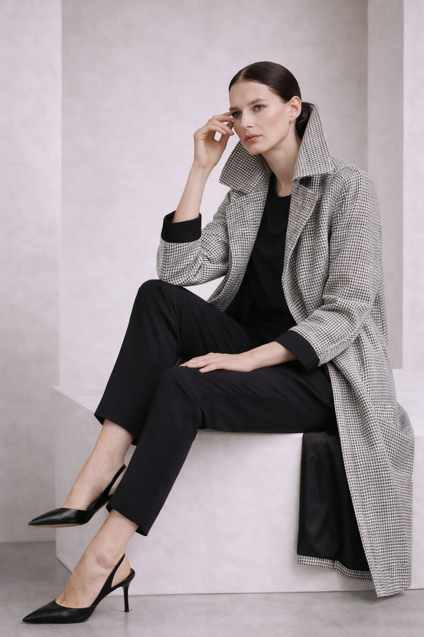 Lekki wiosenno jesienny płaszcz wełniany DREAM midi do kolan biało czarna pepitka 