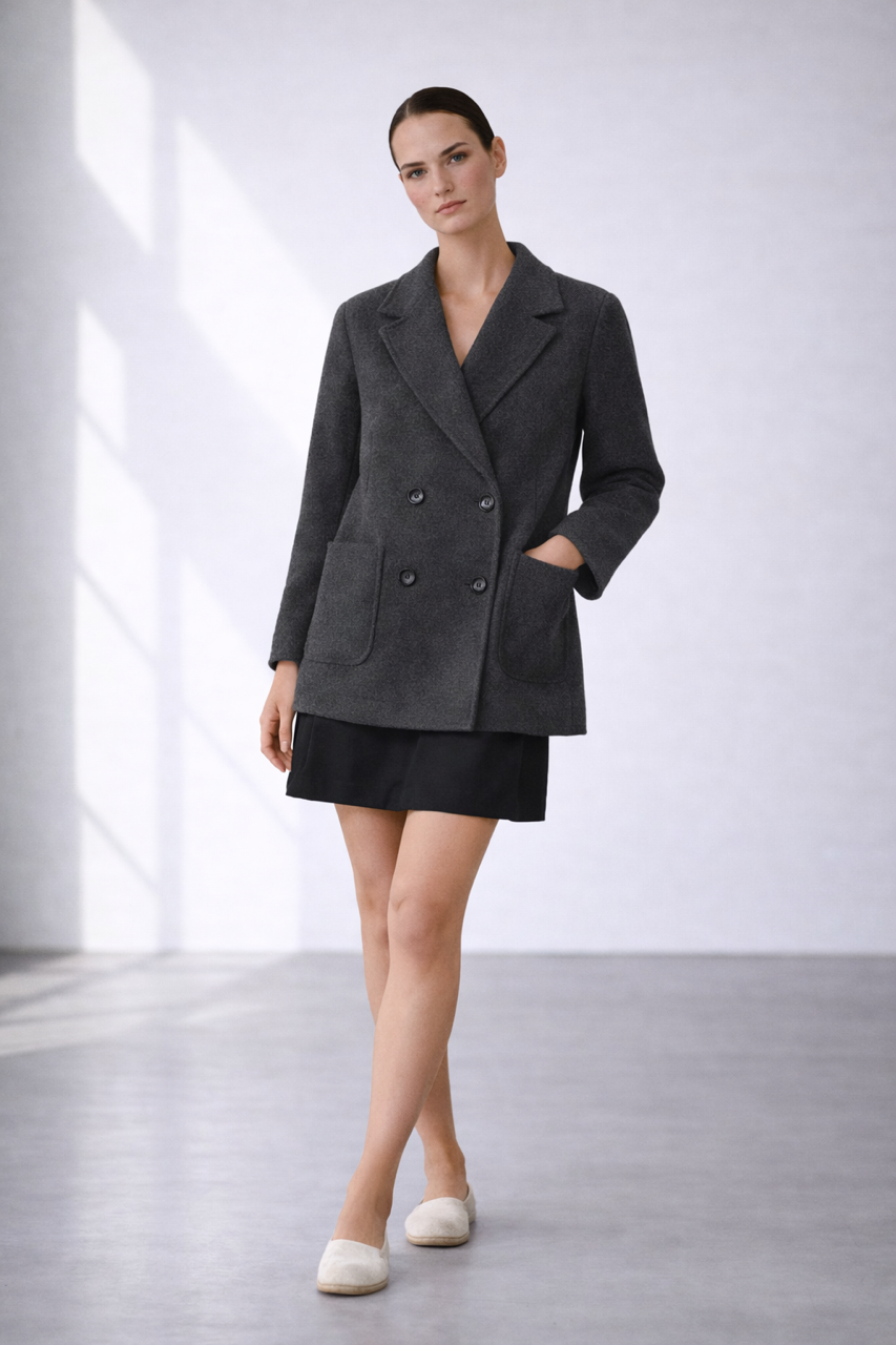 Wełniana oversize kurtka krótki płaszcz ciemny szary 100% wełna 
