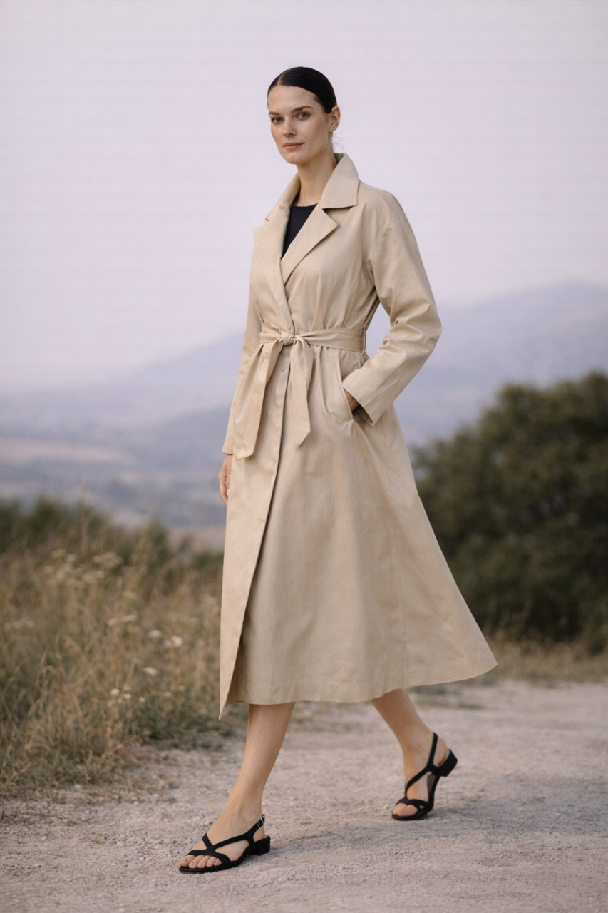 Beżowy bawełniany płaszcz prochowiec trencz KIND OF MAGIC unisex chłodny beż 