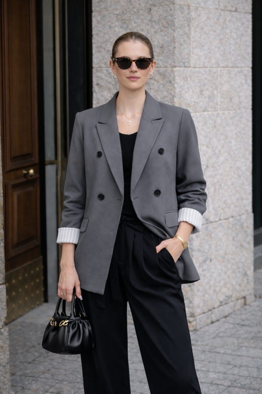 Szary marynarko płaszcz bawełniany z białą podszewką w paski 100% bawełna