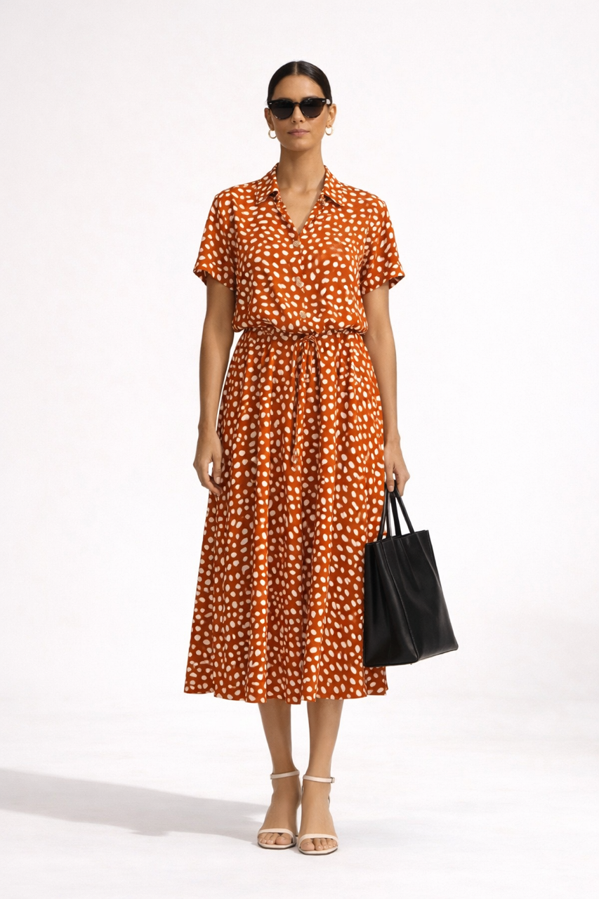 Rudo czerwona pomarańczowa w białe plamki sukienka 100% WISKOZY