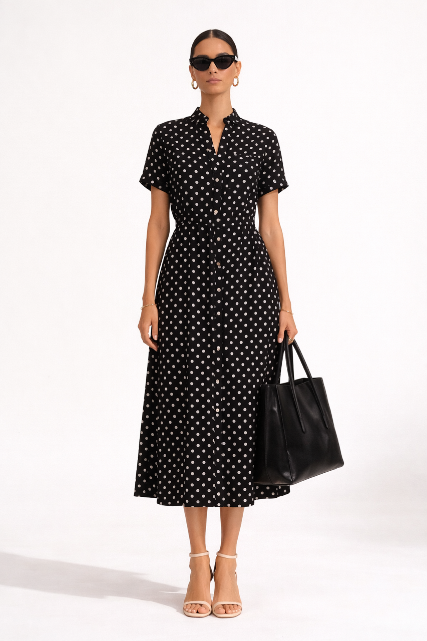 czarna sukienka Wiskozowa w białe Groszki