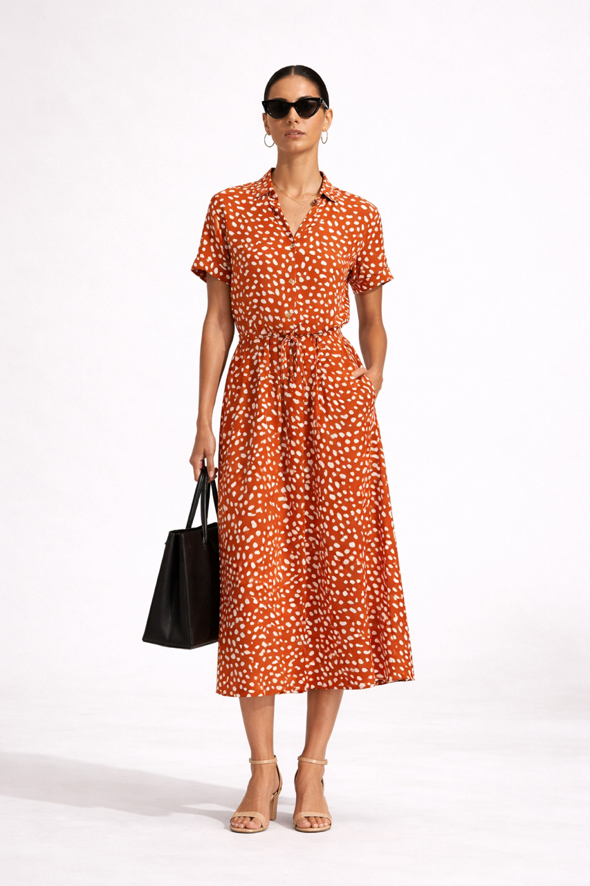Rudo czerwona pomarańczowa w białe plamki sukienka 100% WISKOZY