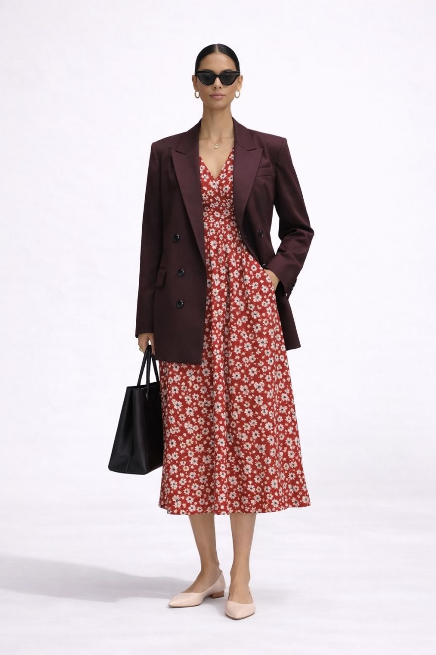 Czerwona Wiskozowa sukienka z rozszerzanym rękawkiem krótkim i ściągaczem pod biustem