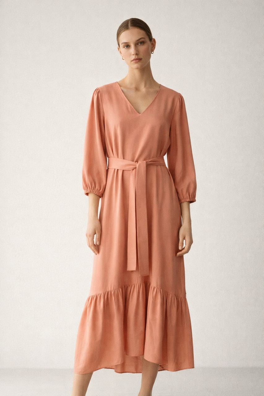 Wiskozowa sukienka Koral pomarańcz CELEBRATION z falbaną i paskiem