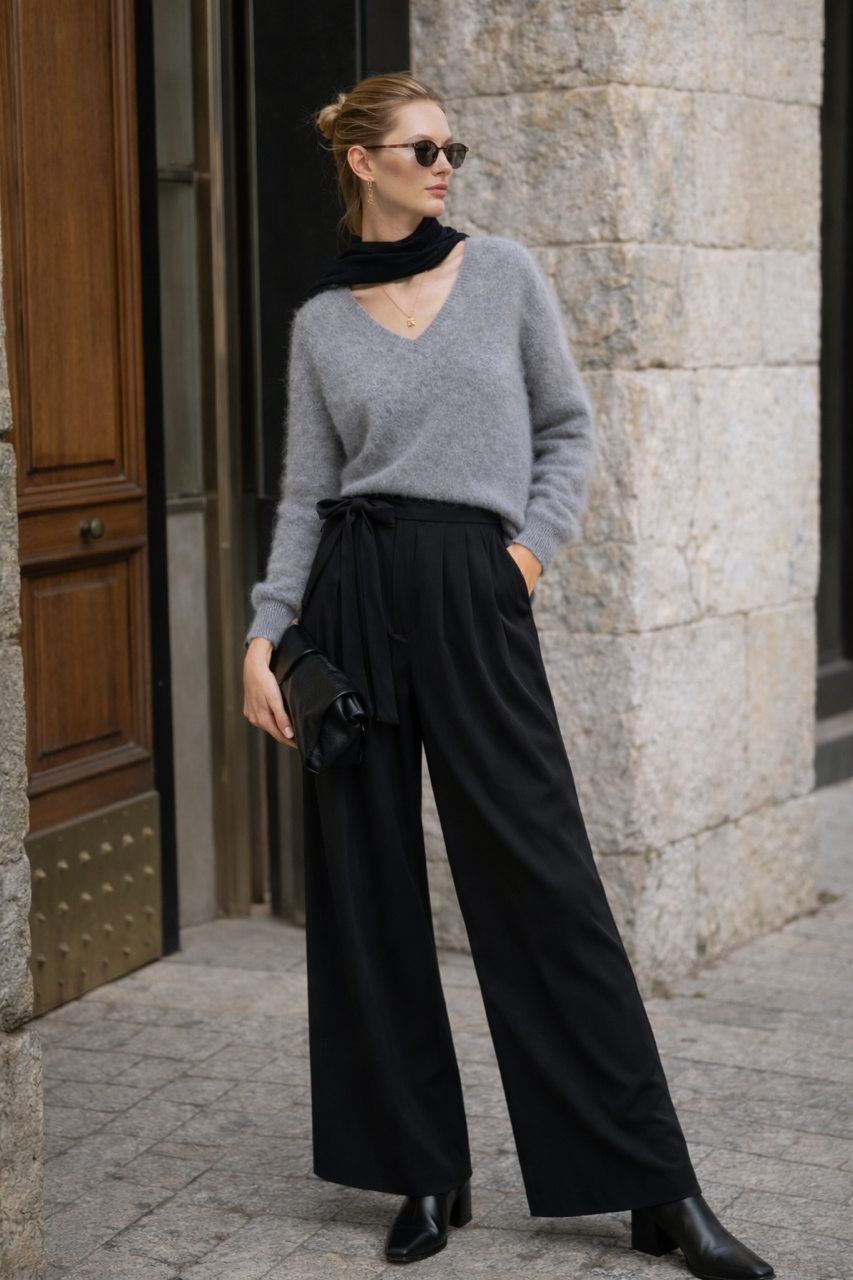 Szary ponadczasowy kaszmirowy szary sweter z dekoltem V z długim rękawem 