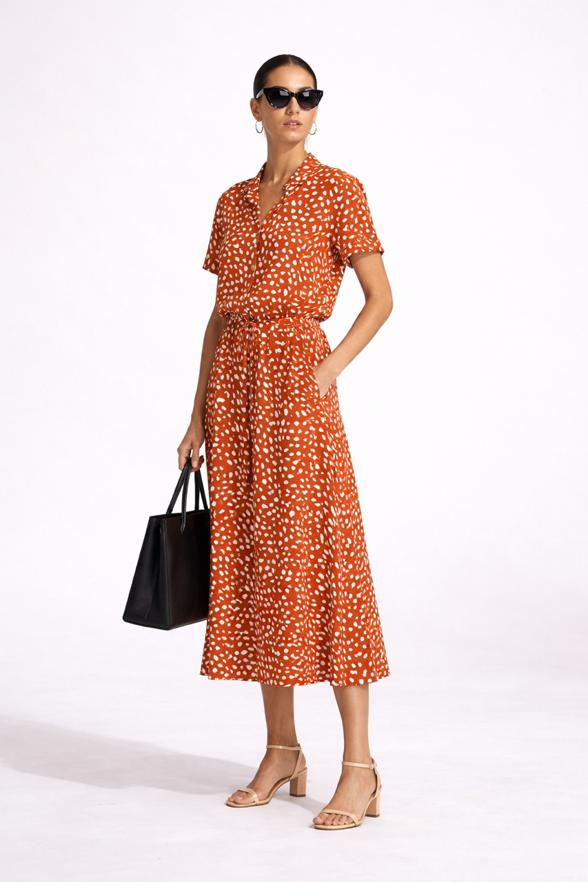 Rudo czerwona pomarańczowa w białe plamki sukienka 100% WISKOZY