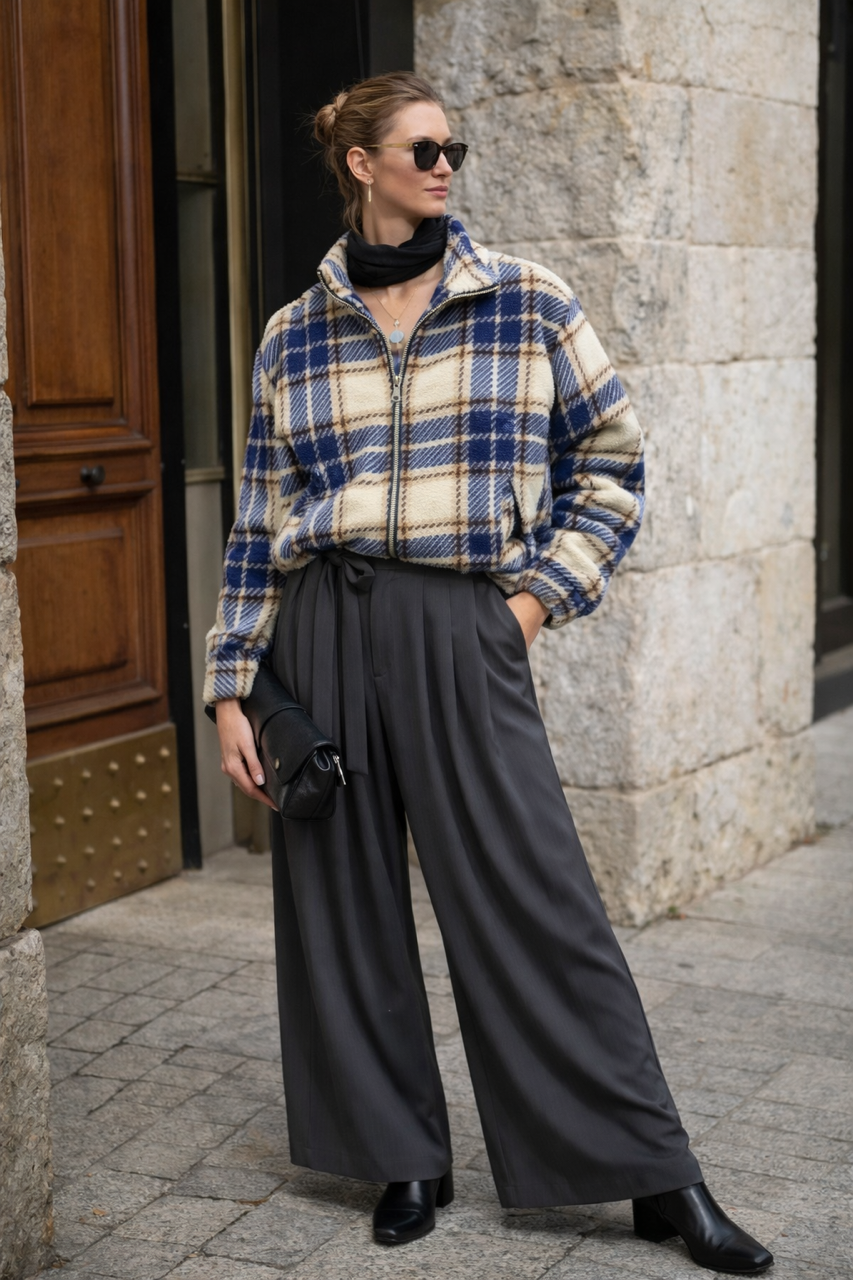 wełniana kurtka w kratę niebiesko-beżową bomberka uniseks z wiskozową podszewką z metalowym suwakiem The Night Black Wełna 100%